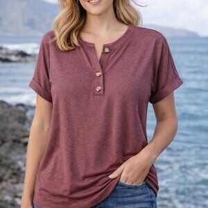 Automet Women's Cranberry Colored Cuff Short Sleeve Tee/Top M